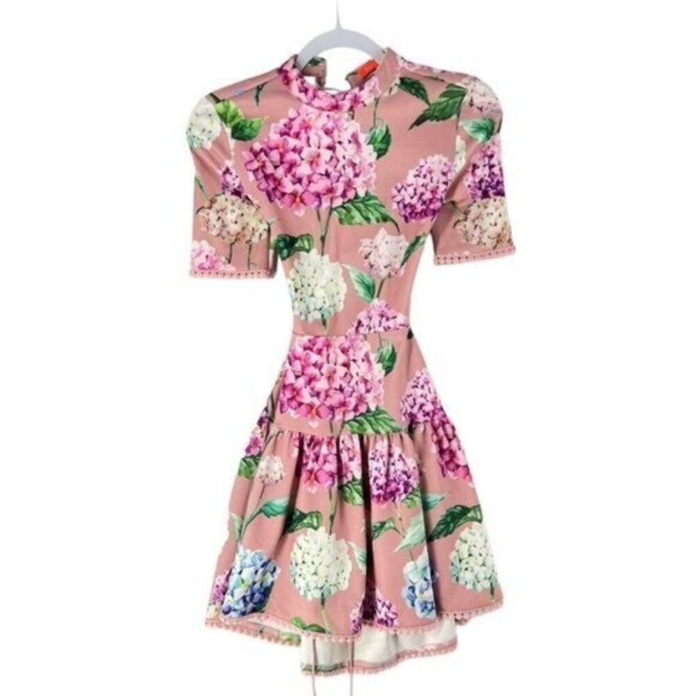 Banjul Floral Print Mock Neck Lace-Up‎ Back Dress